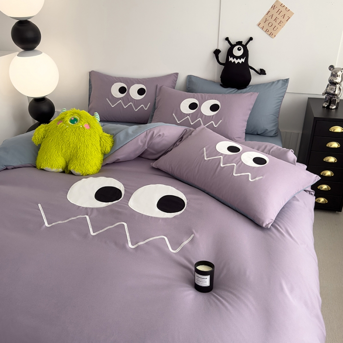 91家纺网 家纺一手货源 找家纺 曼谷 贴布绣四件套小怪兽柔软磨毛床上用品水洗棉套件 小怪兽-香芋海盐