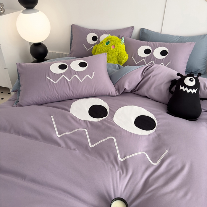 91家纺网 家纺一手货源 找家纺 曼谷 贴布绣四件套小怪兽柔软磨毛床上用品水洗棉套件 小怪兽-香芋海盐