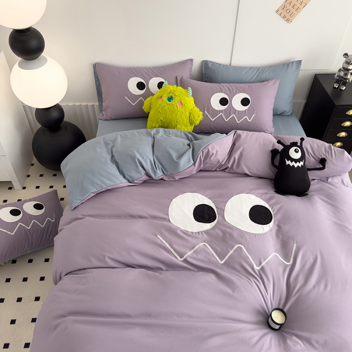 91家纺网 家纺一手货源 找家纺 曼谷 贴布绣四件套小怪兽柔软磨毛床上用品水洗棉套件 小怪兽-香芋海盐