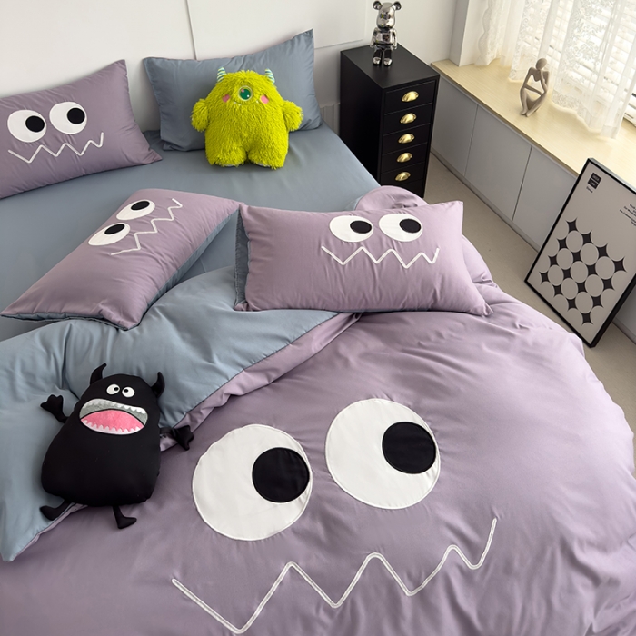 91家纺网 家纺一手货源 找家纺 曼谷 贴布绣四件套小怪兽柔软磨毛床上用品水洗棉套件 小怪兽-香芋海盐