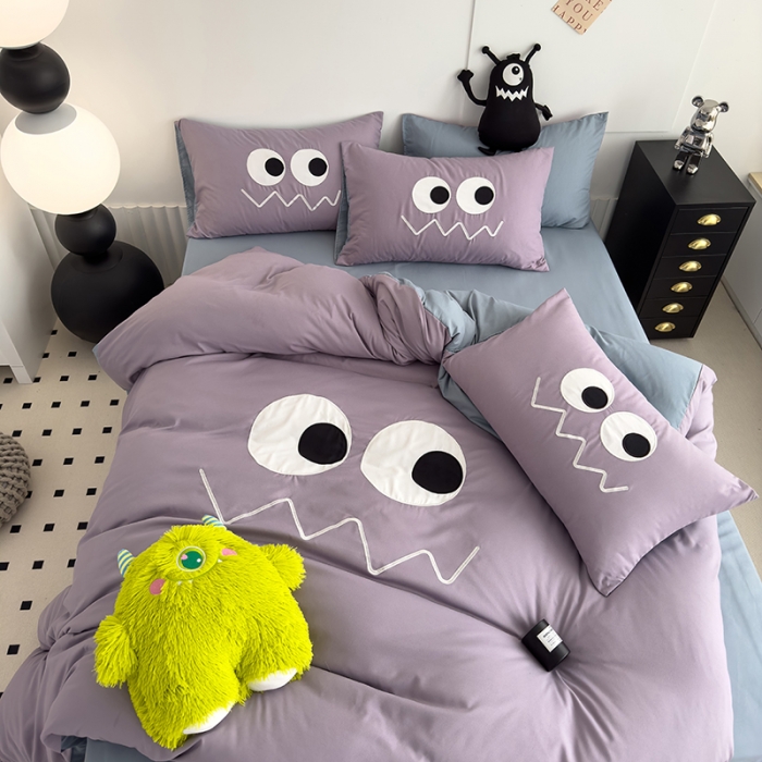 91家纺网 家纺一手货源 找家纺 曼谷 贴布绣四件套小怪兽柔软磨毛床上用品水洗棉套件 小怪兽-香芋海盐