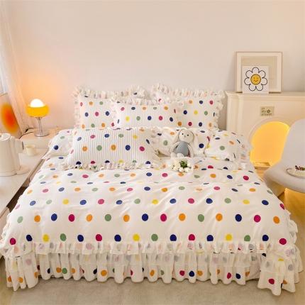 宜凡 2023新款全棉双层花边床盖四件套系列 彩色波点