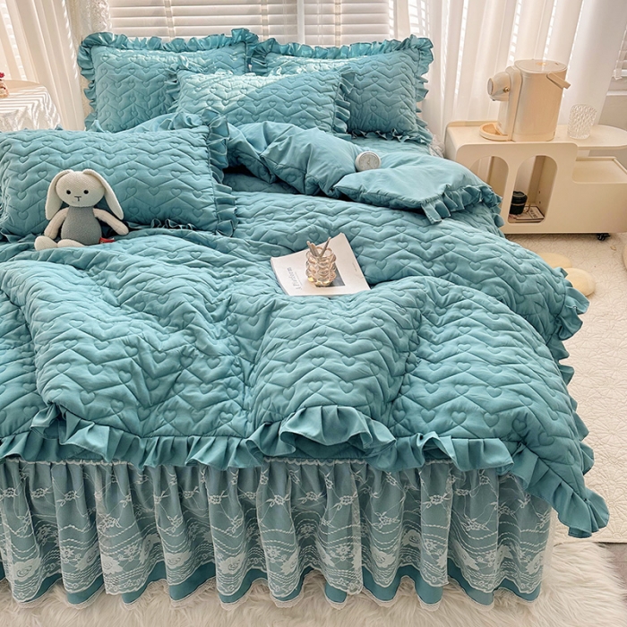 91家纺网 家纺一手货源 找家纺 宜凡家纺 2023新款云朵棉床笠式床裙四件套 奥黛蓝