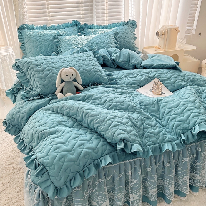 91家纺网 家纺一手货源 找家纺 宜凡家纺 2023新款云朵棉床笠式床裙四件套 奥黛蓝