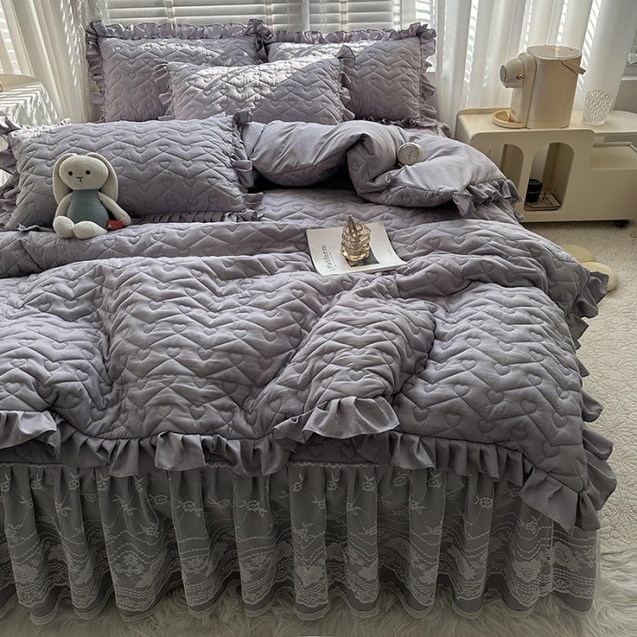 91家纺网 家纺一手货源 找家纺 宜凡家纺 2023新款云朵棉床笠式床裙四件套 星月灰