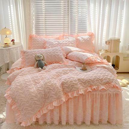 91家纺网 家纺一手货源 找家纺 宜凡家纺 2023新款云朵棉床笠式床裙四件套 星恋粉