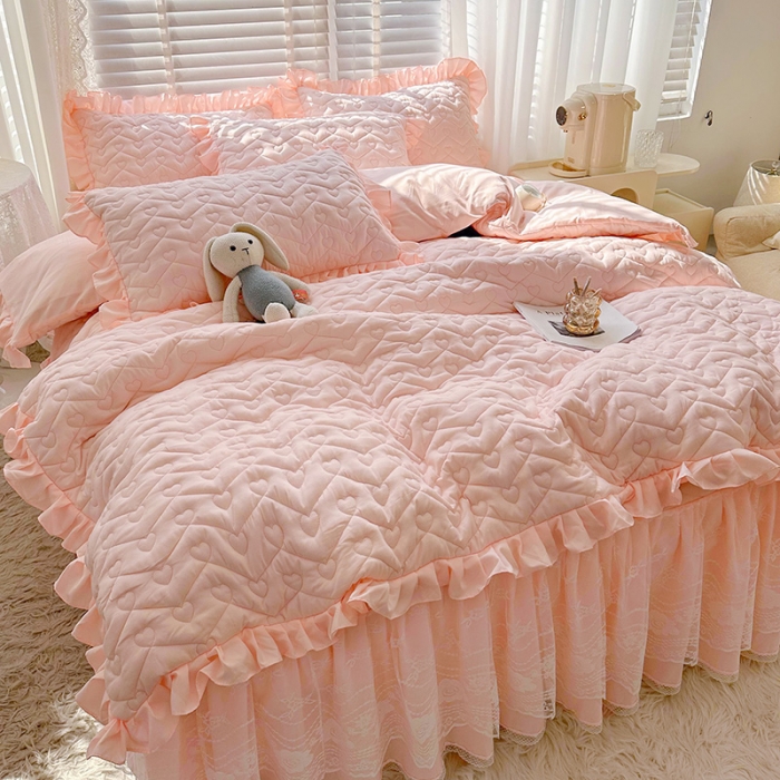 91家纺网 家纺一手货源 找家纺 宜凡家纺 2023新款云朵棉床笠式床裙四件套 星恋粉