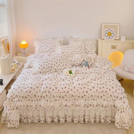 91家纺网 家纺一手货源 找家纺 宜凡 2023新款全棉双层花边床盖四件套系列 紫樱桃