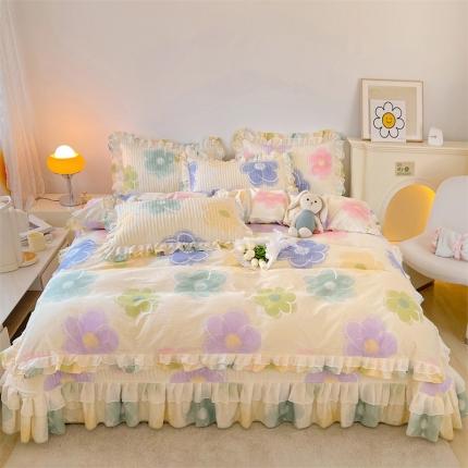 91家纺网 家纺一手货源 找家纺 宜凡 2023新款全棉双层花边床盖四件套系列 春日蜜糖