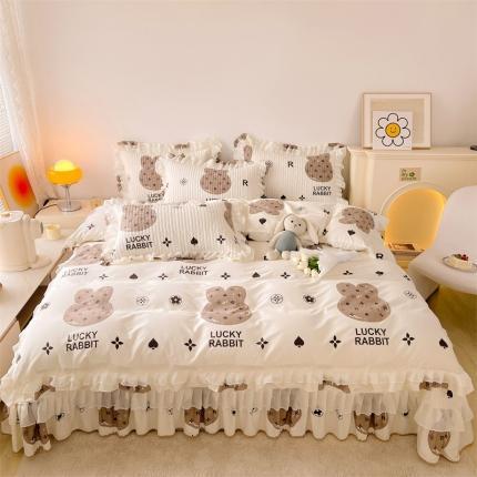 91家纺网 家纺一手货源 找家纺 宜凡 2023新款全棉双层花边床盖四件套系列 潮牌兔