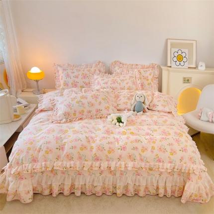 91家纺网 家纺一手货源 找家纺 宜凡 2023新款全棉双层花边床盖四件套系列 恋恋花海