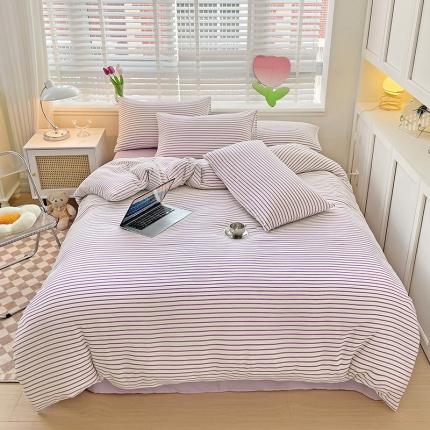 91家纺网 家纺一手货源 找家纺 优选 2025新款直播爆款无印风双层纱棉麻水洗棉麻四件套 丁香紫条