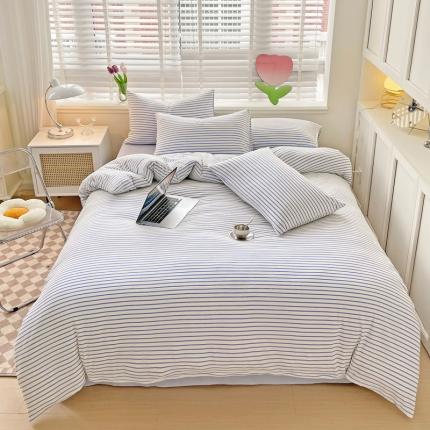 91家纺网 家纺一手货源 找家纺 优选 2025新款直播爆款无印风双层纱棉麻水洗棉麻四件套 奶油蓝条