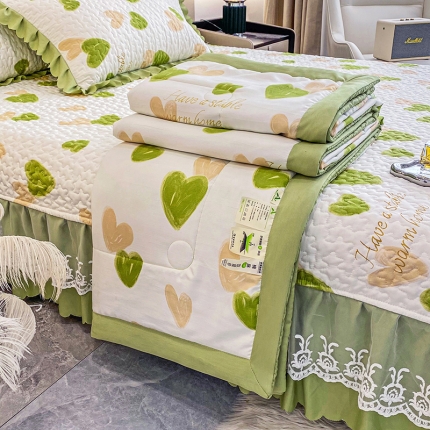 91家纺网 家纺一手货源 找家纺 A类水洗棉麻双层纱床盖款夏被四件套夹棉床裙蕾丝花边纯棉全棉夏凉被套床盖