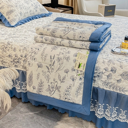 91家纺网 家纺一手货源 找家纺 A类水洗棉麻双层纱床盖款夏被四件套夹棉床裙蕾丝花边纯棉全棉夏凉被套床盖