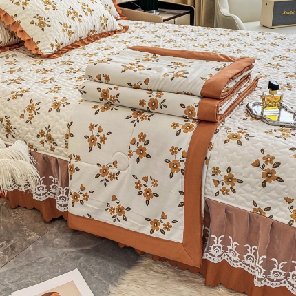 91家纺网 家纺一手货源 找家纺 A类水洗棉麻双层纱床盖款夏被四件套夹棉床裙蕾丝花边纯棉全棉夏凉被套床盖