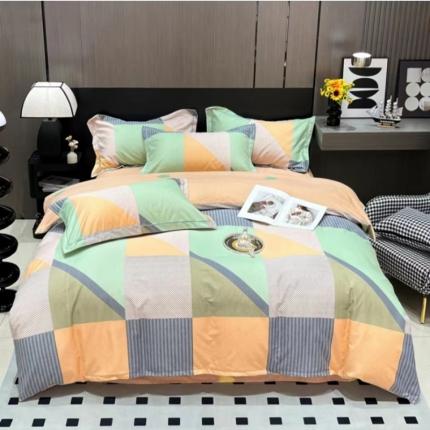 91家纺网 家纺一手货源 找家纺 喜四方 2024新款全棉磨毛全棉印花四件套动感拼图绿