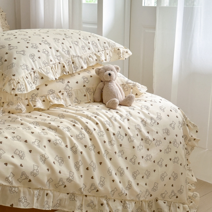 91家纺网 家纺一手货源 找家纺 棉生活 2025新款洛丽塔花边款全棉四件套 贝贝熊