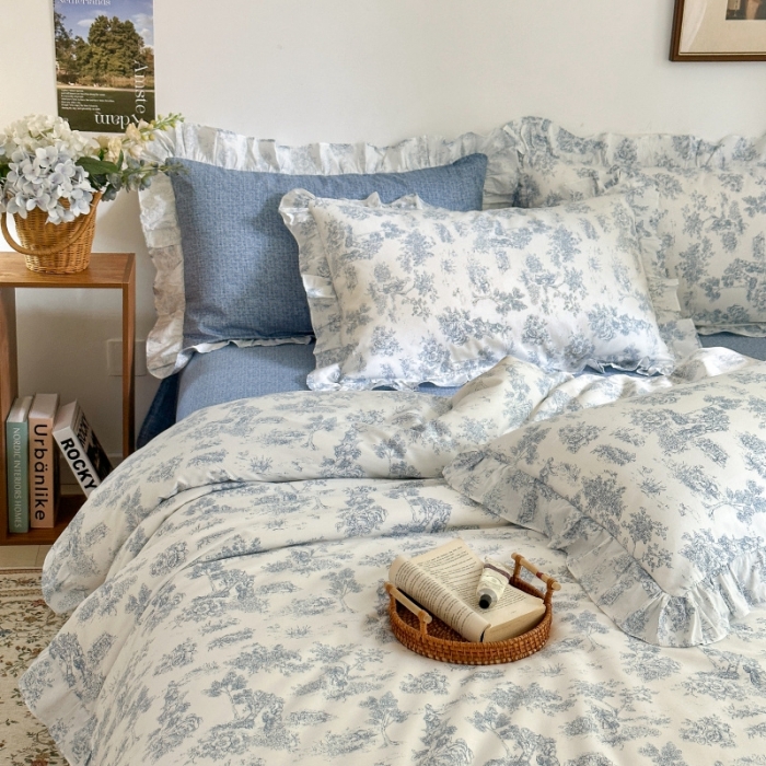91家纺网 家纺一手货源 找家纺 棉生活 2025新款洛丽塔花边款全棉四件套 挪威风情蓝