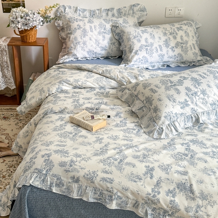 91家纺网 家纺一手货源 找家纺 棉生活 2025新款洛丽塔花边款全棉四件套 挪威风情蓝