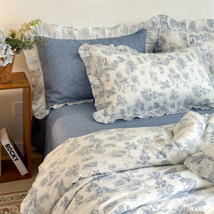91家纺网 家纺一手货源 找家纺 棉生活 2025新款洛丽塔花边款全棉四件套 挪威风情蓝