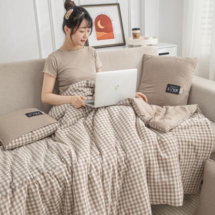 翰轩家居 2023新款全棉色织水洗棉大豆抱枕被 格韵-咖