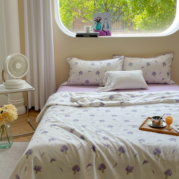 91家纺网 家纺一手货源 找家纺 柚子 2023新款全棉有氧双层纱夏被四件套 薰衣草