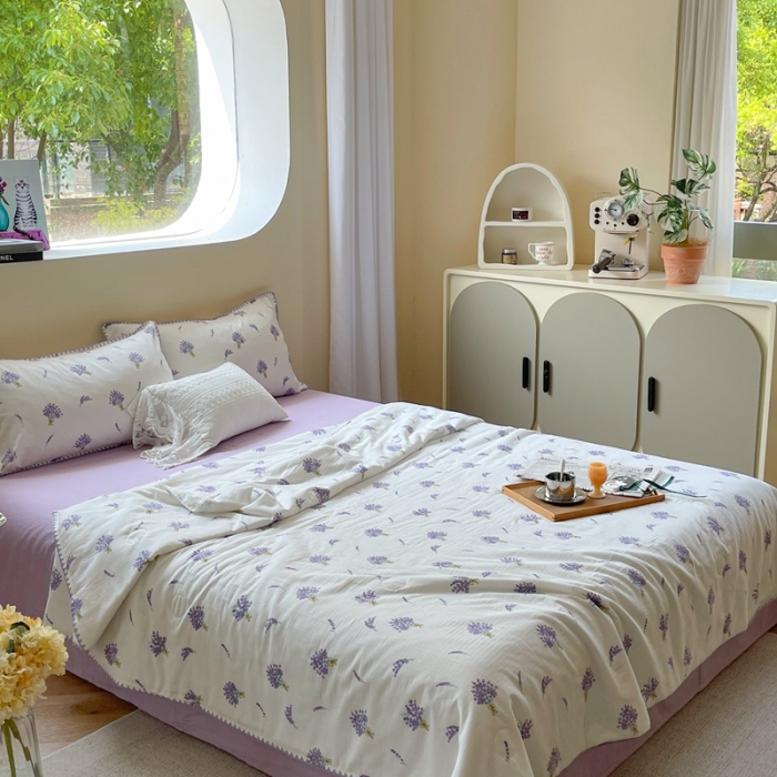 91家纺网 家纺一手货源 找家纺 柚子 2023新款全棉有氧双层纱夏被四件套 薰衣草