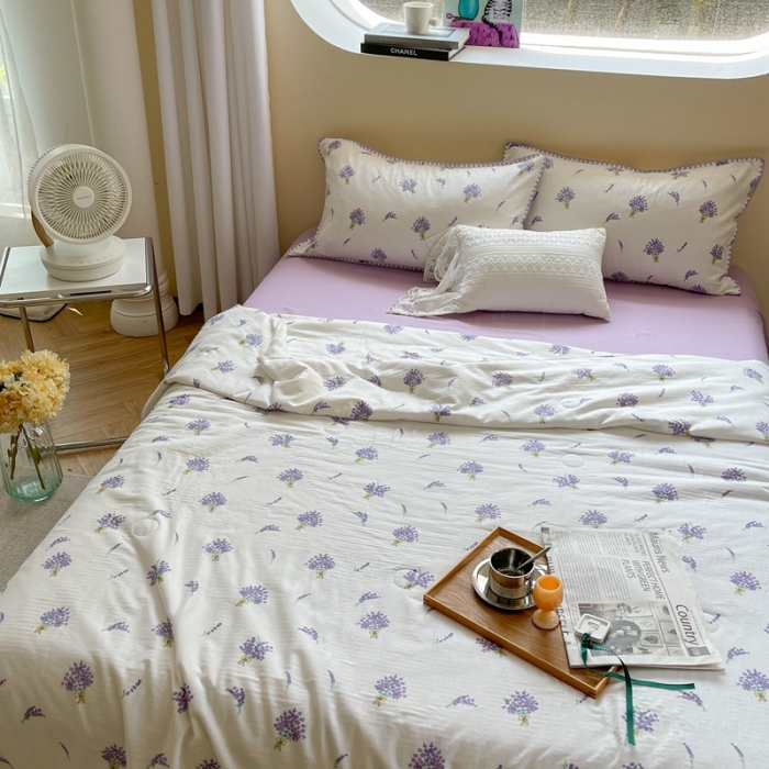 91家纺网 家纺一手货源 找家纺 柚子 2023新款全棉有氧双层纱夏被四件套 薰衣草