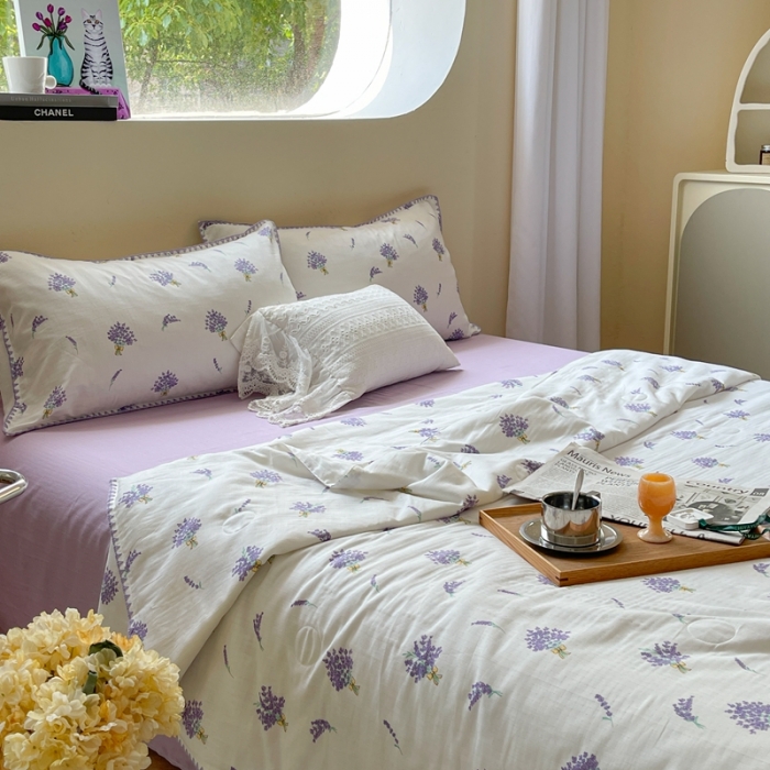 91家纺网 家纺一手货源 找家纺 柚子 2023新款全棉有氧双层纱夏被四件套 薰衣草