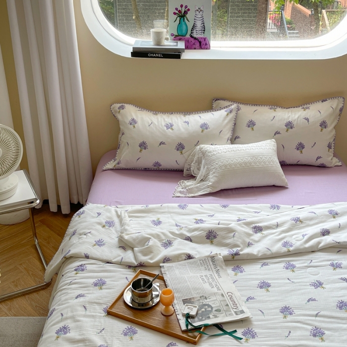 91家纺网 家纺一手货源 找家纺 柚子 2023新款全棉有氧双层纱夏被四件套 薰衣草