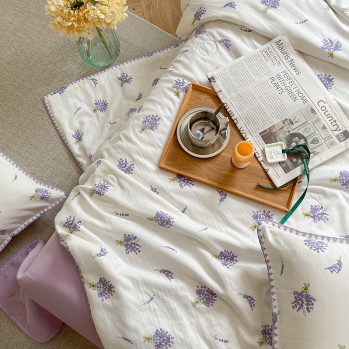 91家纺网 家纺一手货源 找家纺 柚子 2023新款全棉有氧双层纱夏被四件套 薰衣草