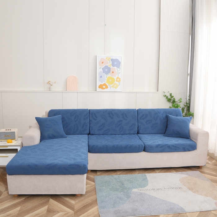 91家纺网 家纺一手货源 找家纺 兴妮雅 2023新款大树叶防水弹力立体浮雕提花贵妃沙发坐垫套 宝蓝