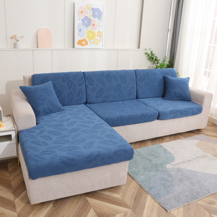 91家纺网 家纺一手货源 找家纺 兴妮雅 2023新款大树叶防水弹力立体浮雕提花贵妃沙发坐垫套 宝蓝