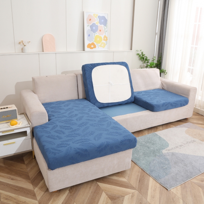 91家纺网 家纺一手货源 找家纺 兴妮雅 2023新款大树叶防水弹力立体浮雕提花贵妃沙发坐垫套 宝蓝