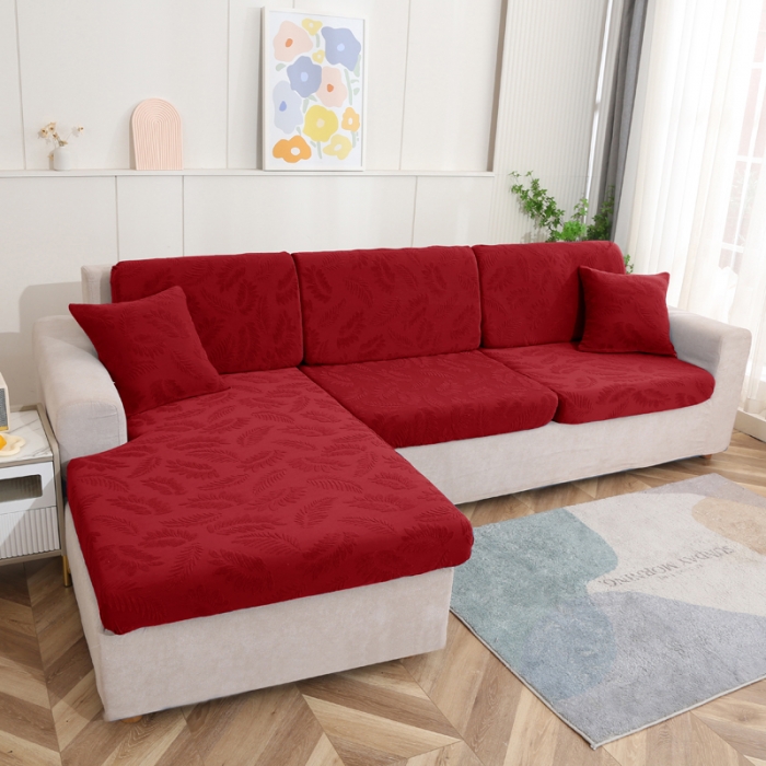 91家纺网 家纺一手货源 找家纺 兴妮雅 2023新款大树叶防水弹力立体浮雕提花贵妃沙发坐垫套 酒红