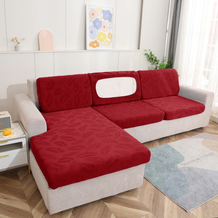 91家纺网 家纺一手货源 找家纺 兴妮雅 2023新款大树叶防水弹力立体浮雕提花贵妃沙发坐垫套 酒红