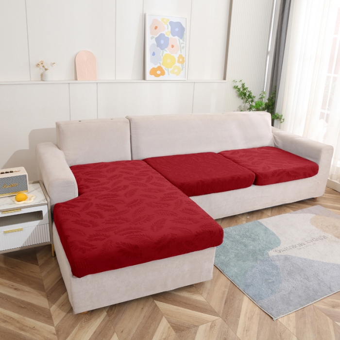 91家纺网 家纺一手货源 找家纺 兴妮雅 2023新款大树叶防水弹力立体浮雕提花贵妃沙发坐垫套 酒红