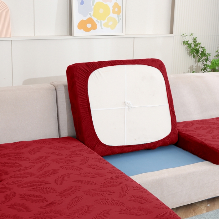 91家纺网 家纺一手货源 找家纺 兴妮雅 2023新款大树叶防水弹力立体浮雕提花贵妃沙发坐垫套 酒红