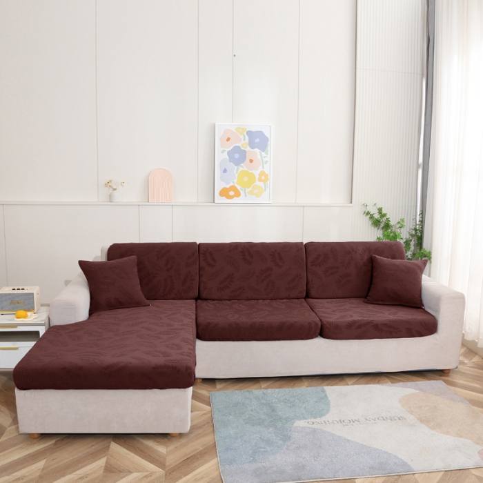 91家纺网 家纺一手货源 找家纺 兴妮雅 2023新款大树叶防水弹力立体浮雕提花贵妃沙发坐垫套 咖啡