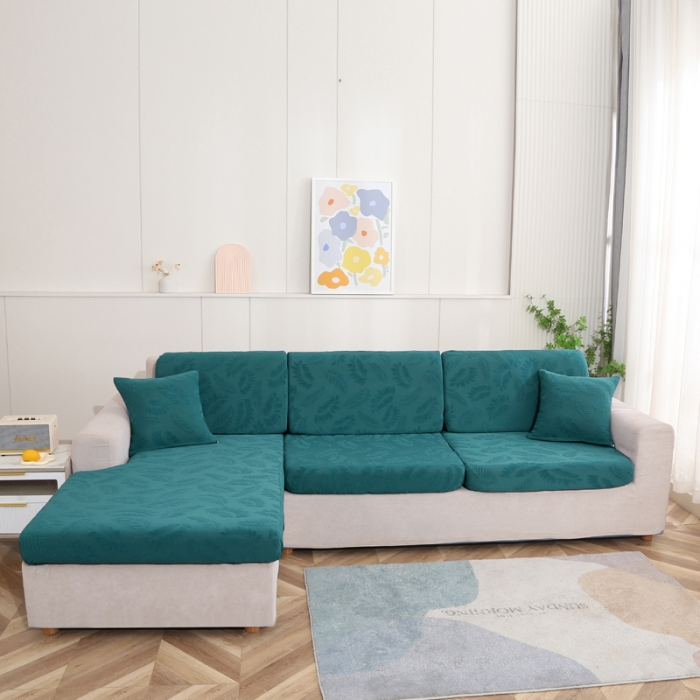 91家纺网 家纺一手货源 找家纺 兴妮雅 2023新款大树叶防水弹力立体浮雕提花贵妃沙发坐垫套 孔雀蓝