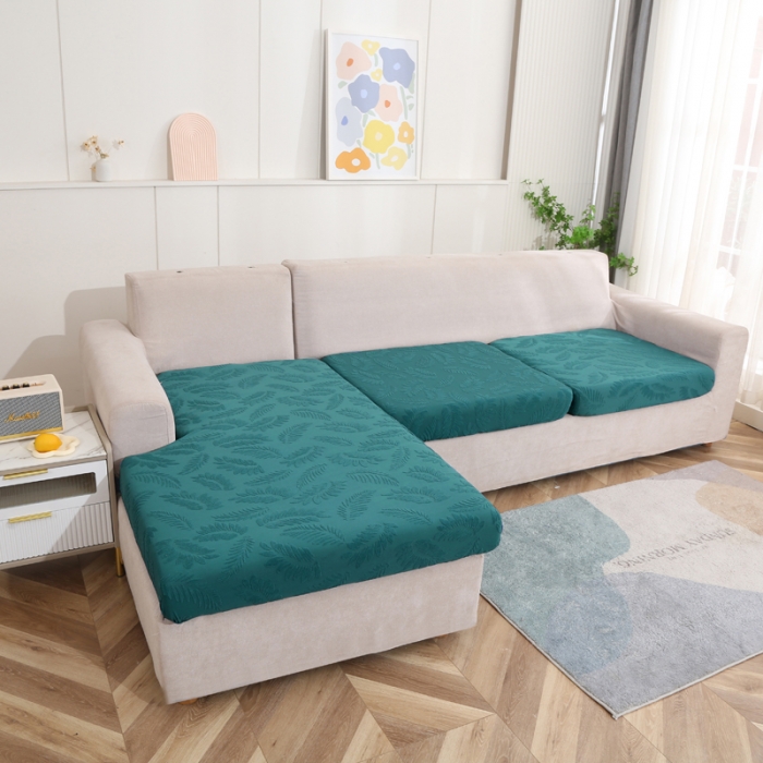 91家纺网 家纺一手货源 找家纺 兴妮雅 2023新款大树叶防水弹力立体浮雕提花贵妃沙发坐垫套 孔雀蓝