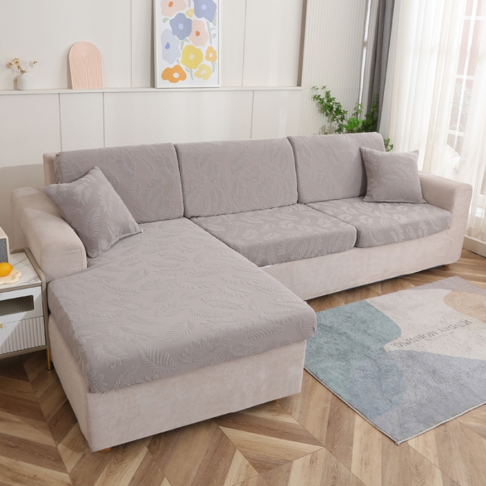 91家纺网 家纺一手货源 找家纺 兴妮雅 2023新款大树叶防水弹力立体浮雕提花贵妃沙发坐垫套 浅灰