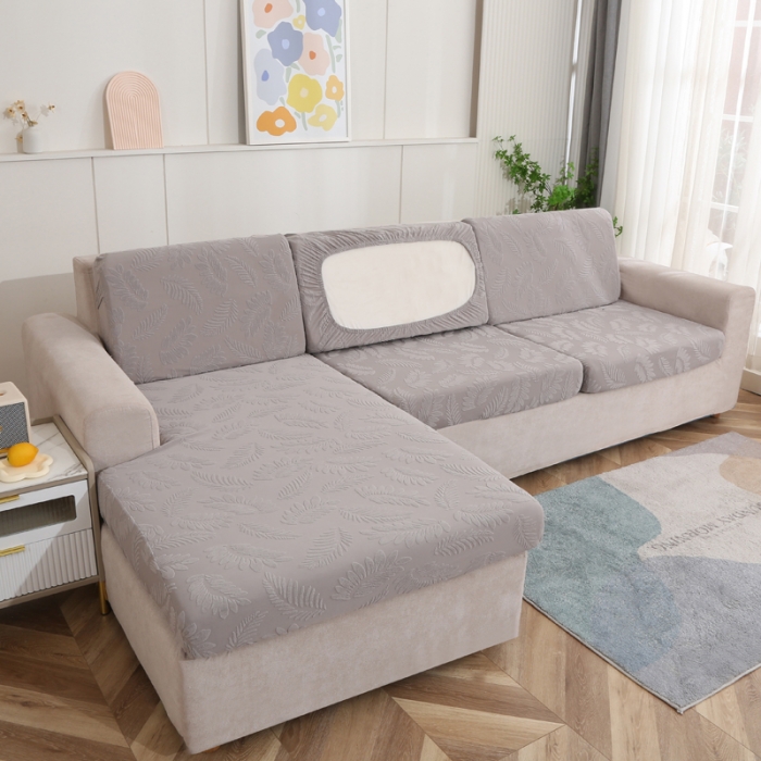 91家纺网 家纺一手货源 找家纺 兴妮雅 2023新款大树叶防水弹力立体浮雕提花贵妃沙发坐垫套 浅灰