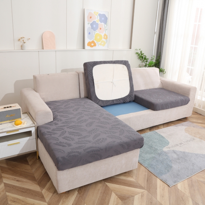 91家纺网 家纺一手货源 找家纺 兴妮雅 2023新款大树叶防水弹力立体浮雕提花贵妃沙发坐垫套 深灰