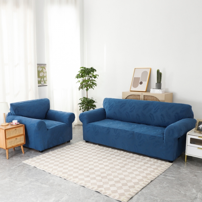 91家纺网 家纺一手货源 找家纺 兴妮雅2023新款大树叶防水弹力沙发笠立体浮雕提花组合沙发套 宝蓝