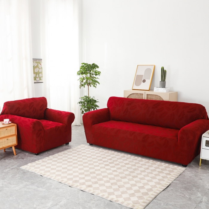 91家纺网 家纺一手货源 找家纺 兴妮雅2023新款大树叶防水弹力沙发笠立体浮雕提花组合沙发套 酒红