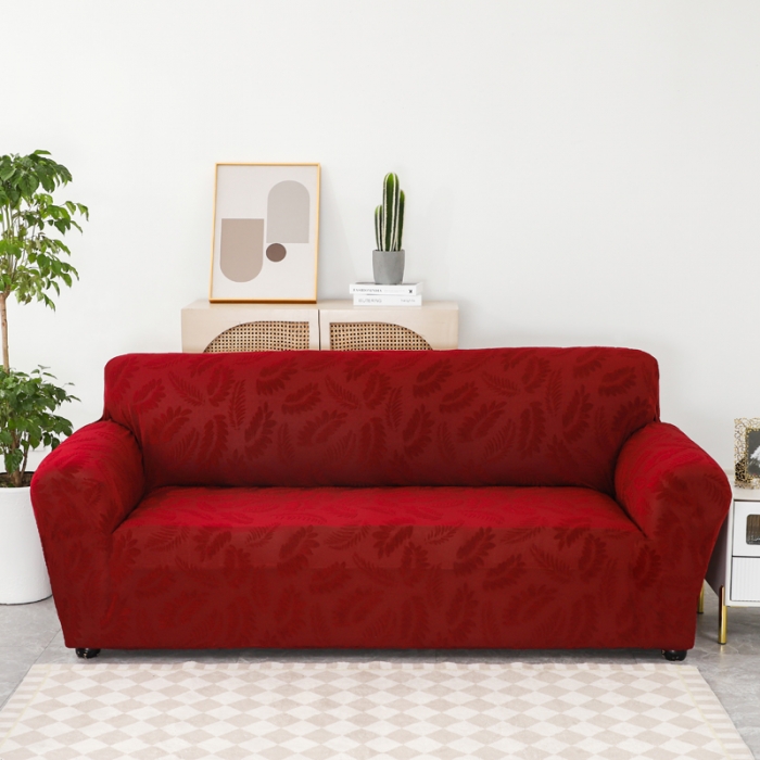 91家纺网 家纺一手货源 找家纺 兴妮雅2023新款大树叶防水弹力沙发笠立体浮雕提花组合沙发套 酒红