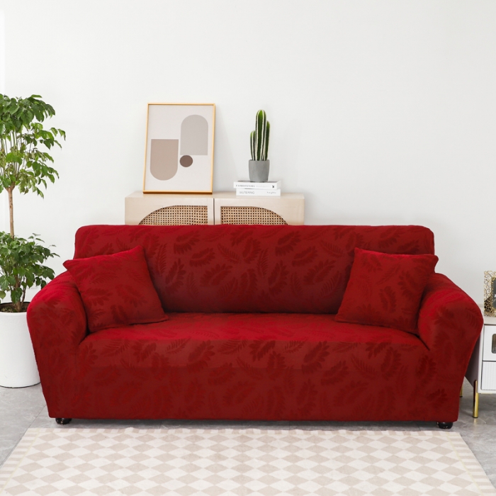 91家纺网 家纺一手货源 找家纺 兴妮雅2023新款大树叶防水弹力沙发笠立体浮雕提花组合沙发套 酒红
