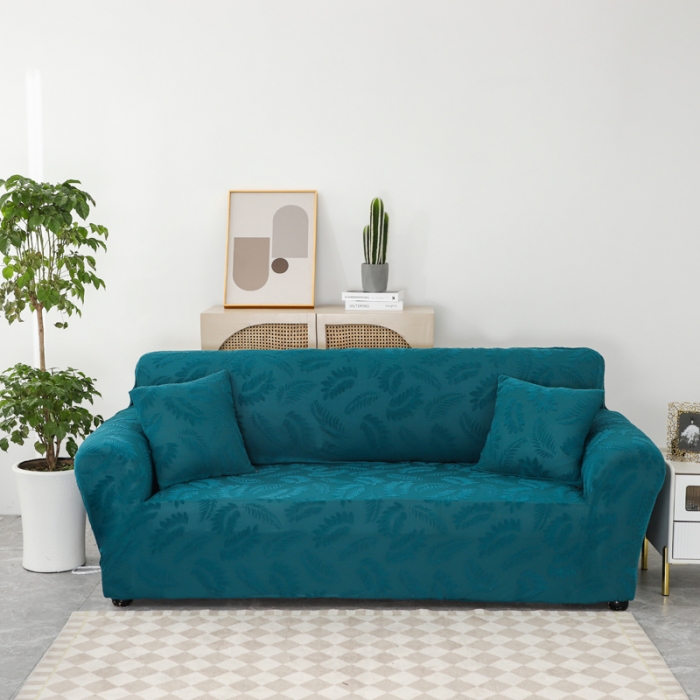 91家纺网 家纺一手货源 找家纺 兴妮雅2023新款大树叶防水弹力沙发笠立体浮雕提花组合沙发套 孔雀蓝